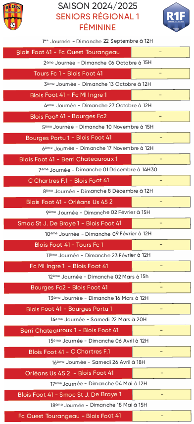 Calendrier équipe féminine