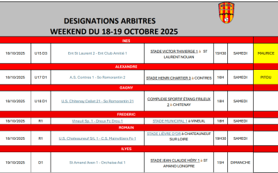 Désignation des arbitres pour le weekend du 18-19 octobre