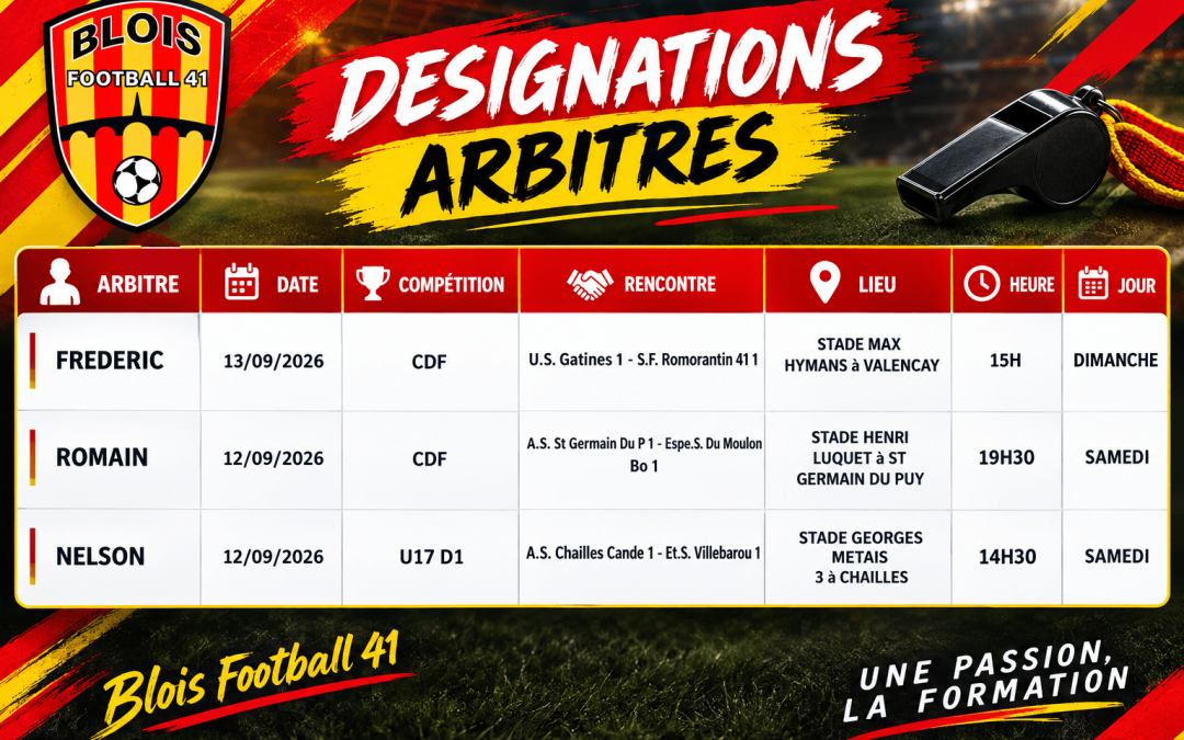 DÉSIGNATIONS DE NOS ARBITRES POUR CE WEEKEND