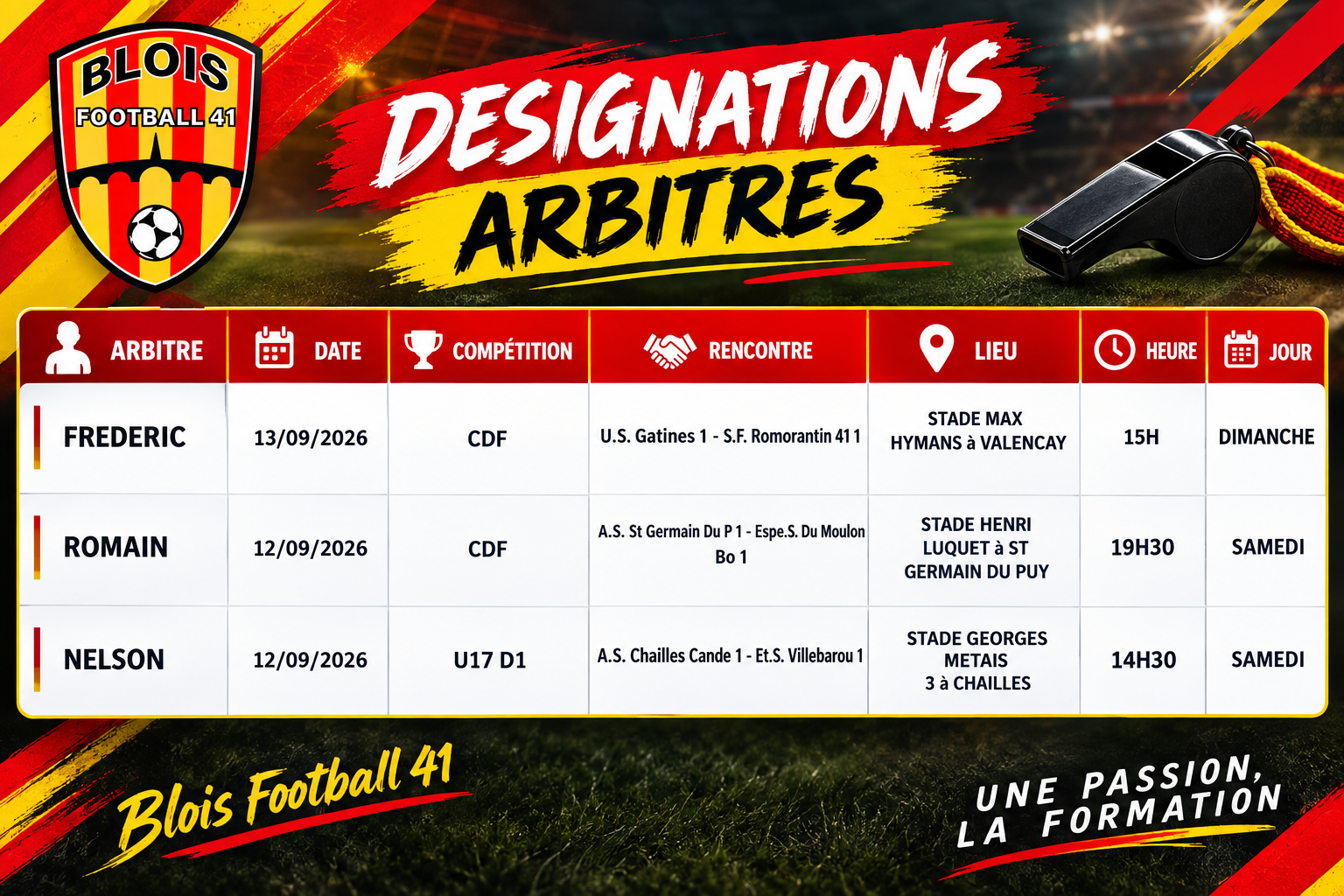 Désignations Arbitres weekend du 12 13 09 2026